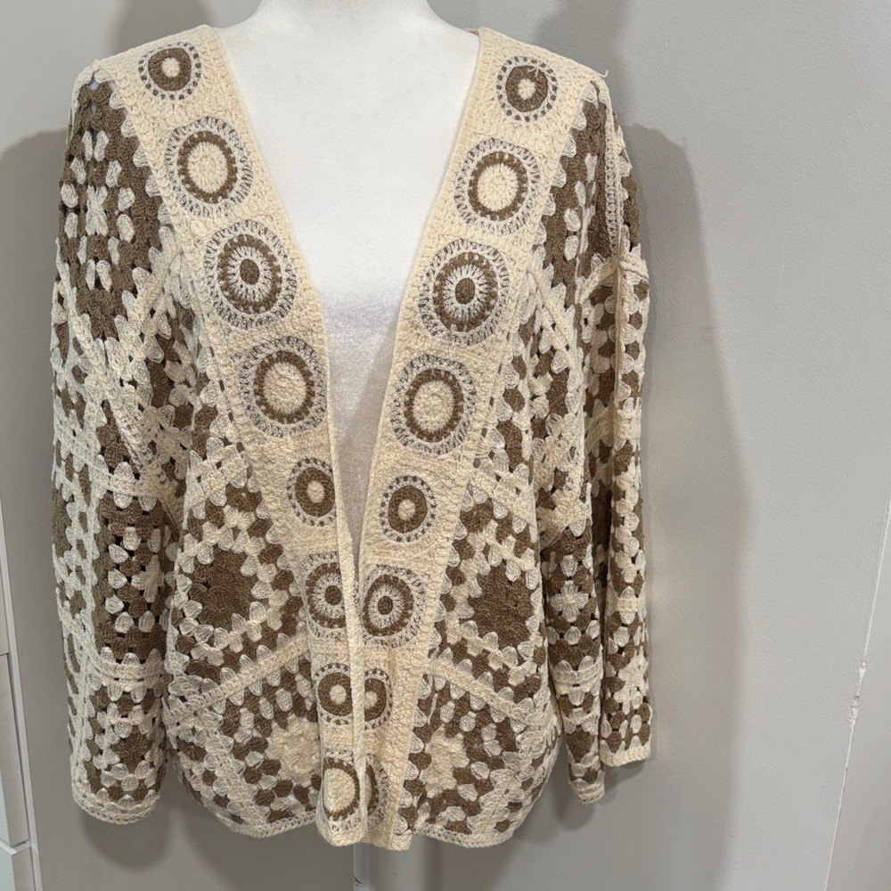 Elegant Crochet Cardigan in Cream and Brown one size.